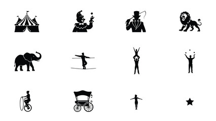 Vintage black silhouette icons showcasing classic circus performers and animals in bold minimalist style with minimalist line art against clean white background © Sharmistha
