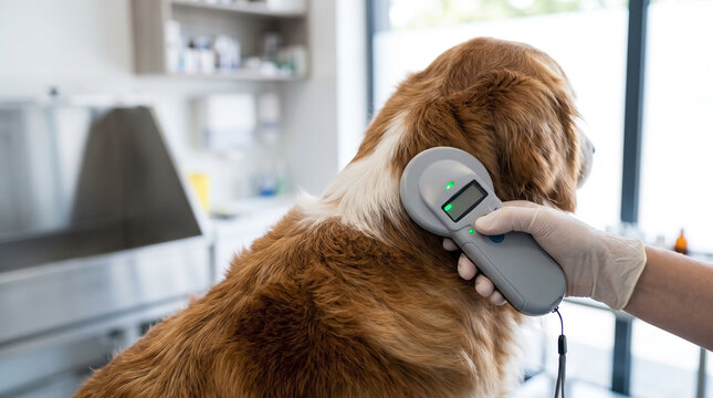 Microchip scanner for dog at veterinary clinic, specific procedure for ensuring pet identification shows technician using scanner on golden retriever&rsquo;s neck.