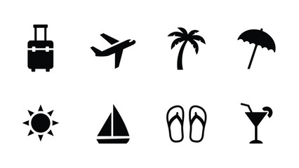 Modern flat icons set featuring travel and vacation essentials in minimalist black design with evoking vibrant travel leisure theme clean lines © Sharmistha