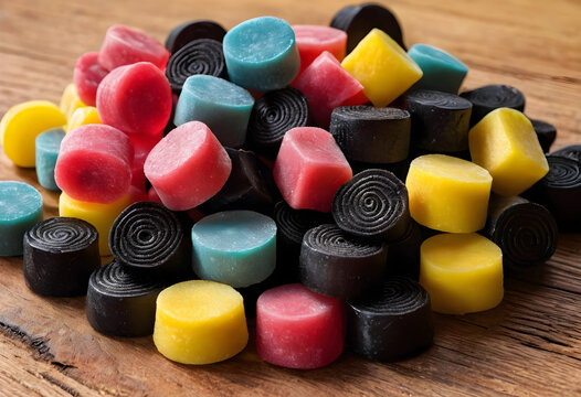 Colorful assorted liquorice candies on wooden table