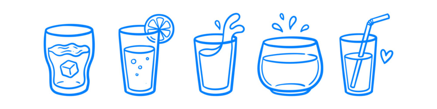 Blue doodle icons of various drinks in glasses with ice, lemon, splashes, and straws. Minimalist hand-drawn line art set on a white background.