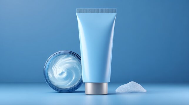 Realistic plastic cosmetic tube mockup for cream, lip gloss and skincare products on blue background, minimal beauty packaging template with clean branding space