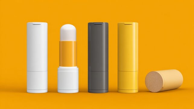 Multifunctional empty lip balm container tubes with twist bottom and top cap mockup, 3d render of blank cosmetic packaging for beauty product branding, skincare, balm, ointment, deodorant, and minimal
