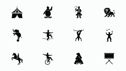Classic silhouette icons of circus performers and animals in bold black vector style with clean vector format ideal graphic design projects all set against neutral background bold © Sharmistha