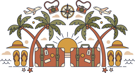 Travel suitcase set stands beneath palm trees with airplanes and a compass to symbolize vacation planning. © Amir