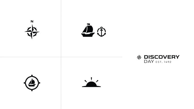 Minimalist exploration icons set featuring vintage ship and compass designs for historical discovery theme with modern geometric icon set celebrating exploration