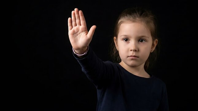 Little girl with a raised hand making a stop sign gesture on a black background. Violence, harassment and child abuse prevention concept.