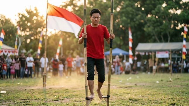 Indonesian Man Playing Egrang Traditional Bamboo Stilt Walking Game during Independence Day Celebration Outdoor Festival Competition Activity with Indonesian National Flag Background