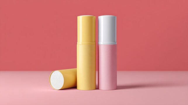 Packaging template for lip balm tube mockup, blank cosmetic container design, realistic 3d render, minimal beauty product packaging, branding presentation for skincare and makeup label design
