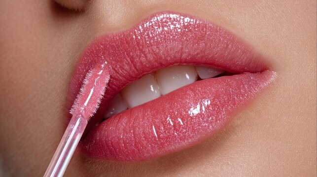 Close up of pink lip gloss application on female lips, glossy natural makeup, beauty cosmetic routine, soft glam look, hydrated smooth lips, professional skincare and fashion concept