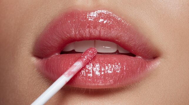 Close up of pink lip gloss application on female lips, glossy natural makeup, beauty cosmetic routine, soft glam look, hydrated smooth lips, professional skincare and fashion concept