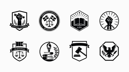 Six monochrome emblematic shields featuring justice law and constitutional symbols in bold black with graphic style minimalist background striking visual impact © Sharmistha