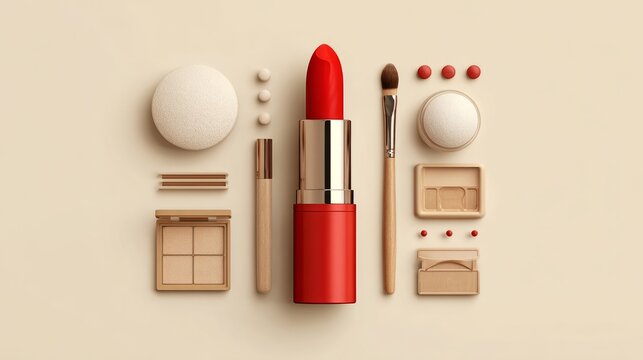 Red lipstick icon isolated on beige background, fashion beauty makeup illustration with elegant cosmetic accessory, minimal lip beauty concept, feminine beauty product graphic for poster, branding, pa