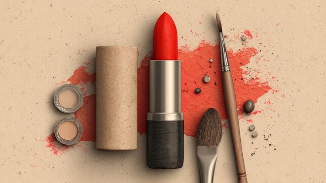 Red lipstick icon isolated on beige background, fashion beauty makeup illustration with elegant cosmetic accessory, minimal lip beauty concept, feminine beauty product graphic for poster, branding, pa