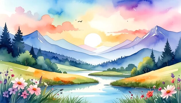Colorful Mountain Landscape with Flowing River at Sunrise in Blooming Meadow