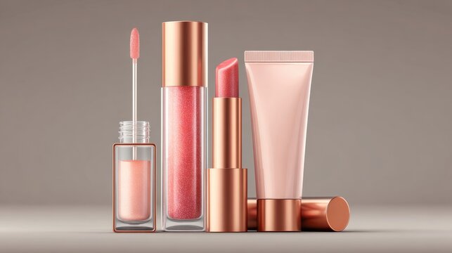 Realistic lip gloss packaging mockup set with cosmetic bottles, brush applicators and tubes, blank decorative beauty makeup product container collection, vector illustration isolated on white backgrou