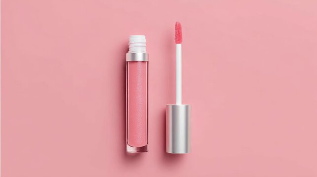 Top view of open liquid lipstick tube with applicator wand on pastel pink background, minimal beauty makeup cosmetic mockup with copy space for branding, packaging design, product display and fashion 