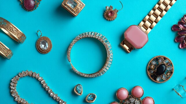 top view of fashion jewelry and accessories arranged on bright color background, luxurious bijouterie collection with elegant necklaces, rings, earrings and bracelets for trendy fashion, beauty, glamo