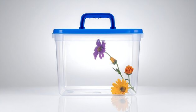 Transparent Plastic Storage Box Holding Colorful Flowers on White Studio Background