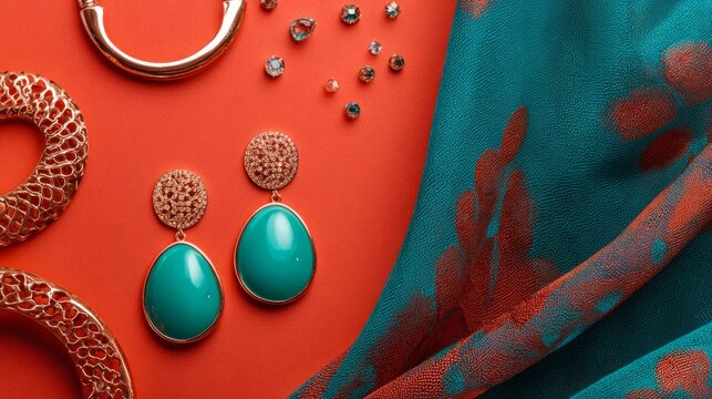 top view of fashion jewelry and accessories arranged on bright color background, luxurious bijouterie collection with elegant necklaces, rings, earrings and bracelets for trendy fashion, beauty, glamo