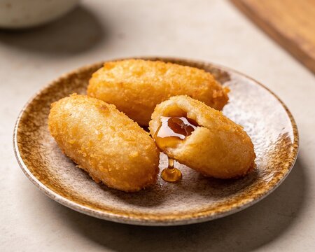 Misro Traditional deep-fried cassava croquettes filled with oozing melted palm sugar on a rustic ceramic plate.