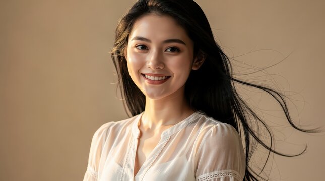 A young woman with long dark hair smiles warmly, wearing a sheer white blouse against a soft beige background.
