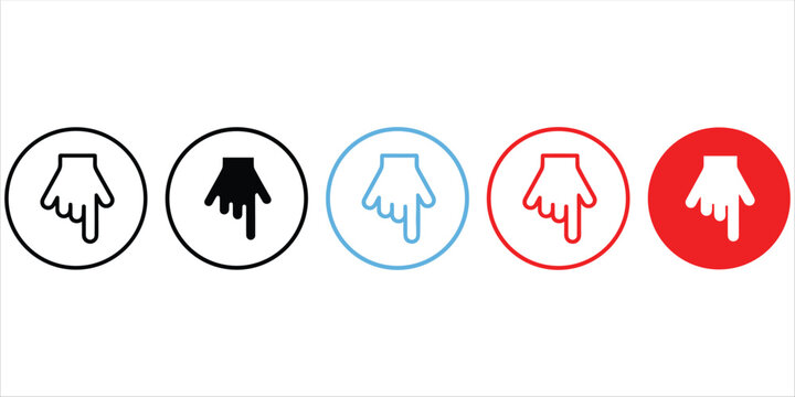 Set of hand cursor icons pointing down in various styles and colors