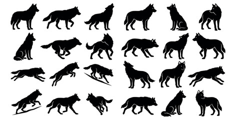 Obraz premium Collection of various wolf silhouettes in different poses and actions