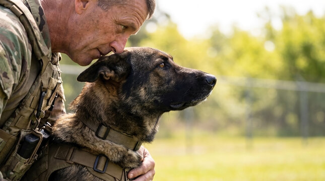 Military dog handler with German Shepherd showing affection and bonding. The handler leans close to the dog, demonstrating a strong partnership and trust. Concept military dogs for training, service,