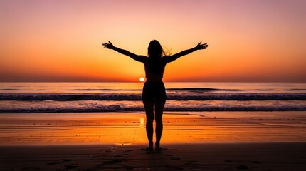 Fototapeta premium A person stands on a beach with arms outstretched, embracing a vibrant sunset over the calm ocean horizon.