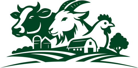 Farm animals emblem logo vector, livestock agriculture illustration with cow goat chicken and barn isolated. © Bimantoro06
