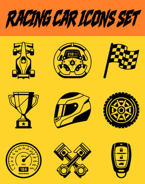 Minimalist Racing Car Icons Set | Motorsport, Formula Race, Helmet, Steering Wheel Vector Collection