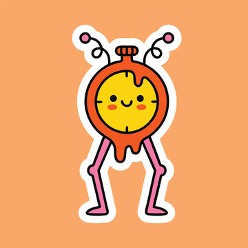 Cute melting orange stopwatch timer monster with happy face and pink legs, funny time concept doodle sticker