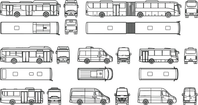 Public transport vehicle CAD blocks collection with buses vans minibuses and architectural elevation plan symbols