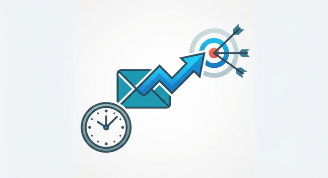 Minimal composition with an upward arrow and a clock, symbolizing send‑time and cadence optimization.