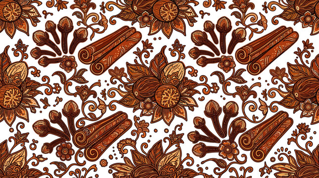 Cinnamon sticks and floral pattern seamless background