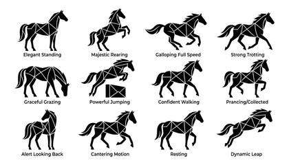 Fototapeta premium Horses Silhouette Icon Set with Dynamic Black Line Art Poses, Featuring Standing, Trotting, Jumping, and Galloping