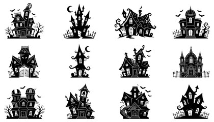 Fototapeta premium House Silhouette Icons Set with Black Gothic Spire Roofs, Windows, Chimneys, and Textured Tree Branches