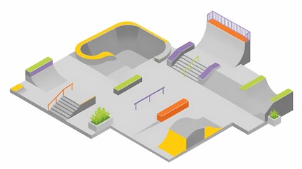 Obraz premium Skatepark illustration isometric view, a modern concrete facility with a half-pipe, bowl, ramps, stairs, rails, and ledges for extreme sports.