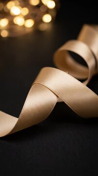 Elegant champagne gold ribbon flowing gracefully over dark background with fairy lights