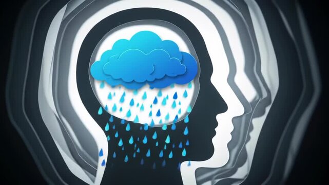 Layered paper cutout of a human profile with a blue cloud inside the head, featuring multiple repeating silhouette outlines creating a deep tunnel effect for mental health themes.