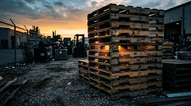 A stack of wooden pallets sits in an industrial yard at sunset with equipment and buildings nearby.
