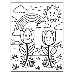 Fototapeta premium Colorful illustration, smiling tulips, rainbow, sun, kids coloring book, black and white