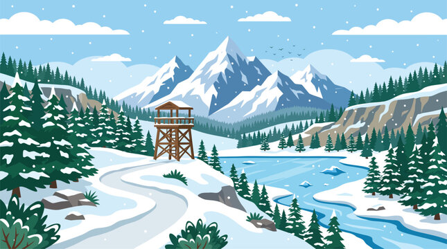 Colorful vector illustration showing a tall wooden lookout tower standing in a snowy mountain landscape with a flowing blue river