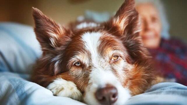 Therapy dog breathes quietly while resting beside an older person Generative AI