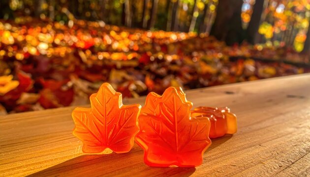Maple Leaf Candies Scattered on Wooden Surface with Autumn Foliage Background