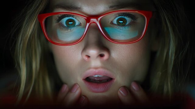 Surprised woman reacts to unexpected news on screen during late night Generative AI