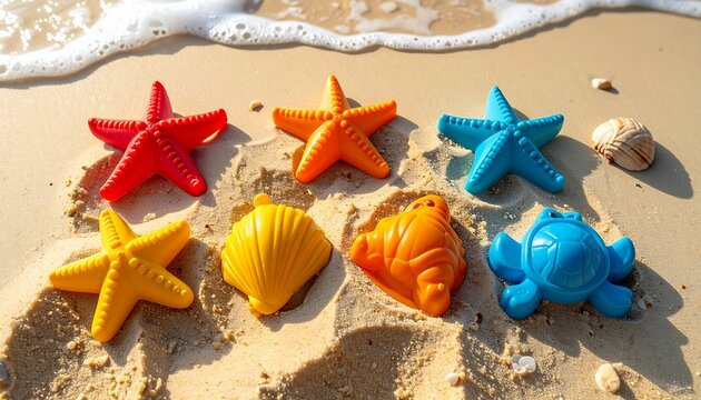 Colorful Sand Molds and Seashells on Sandy Beach for Kids