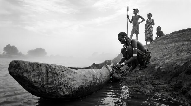 A striking black and white documentary photograph capturing an indigenous African woman crouched on a riverbank, securing a heavily textured, hand-carved dugout canoe in the misty morning light.