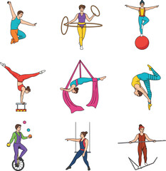 Circus performer juggling colorful balls while riding a unicycle isolated © Alisya Design